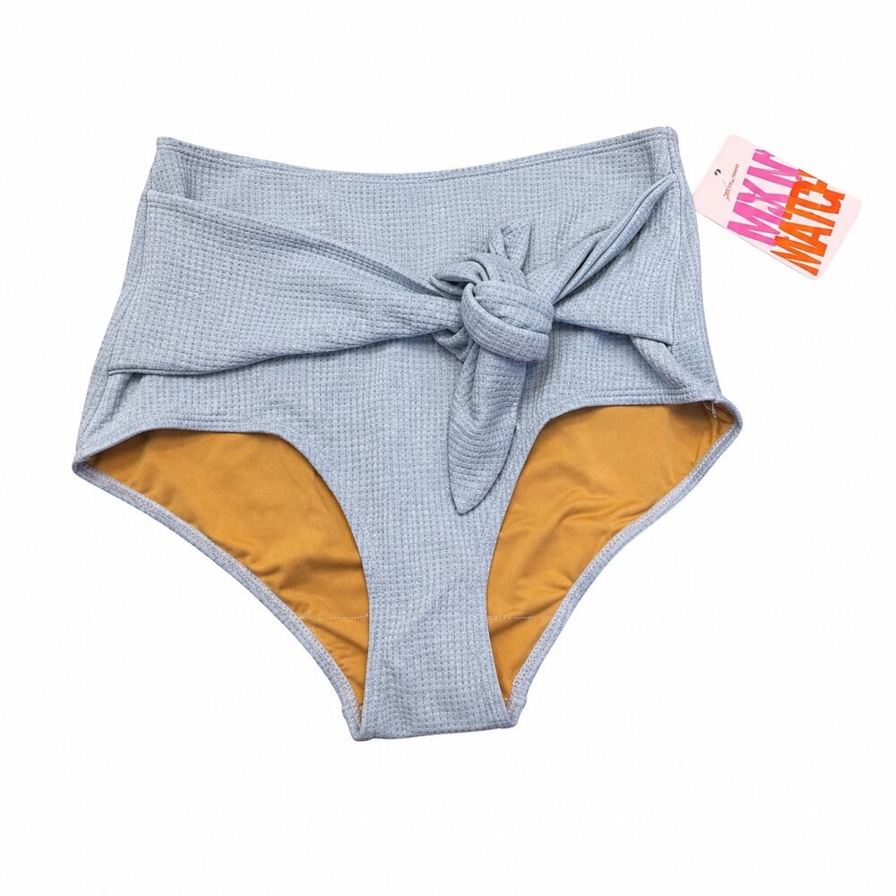 Kortni Jeane Textured High Waisted Tie Front Swim Bottom Blue Size M NWT